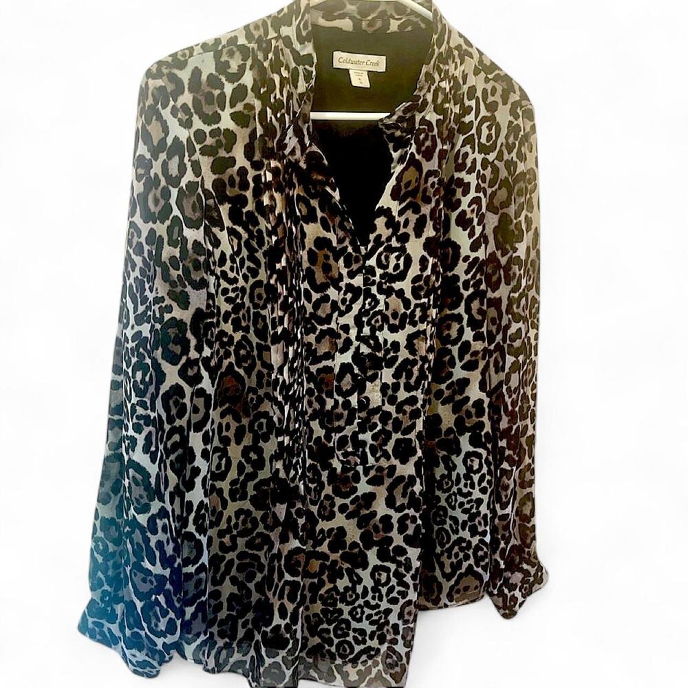 Coldwater Creek XL button Down Blouse Cheeta Print Black Purple